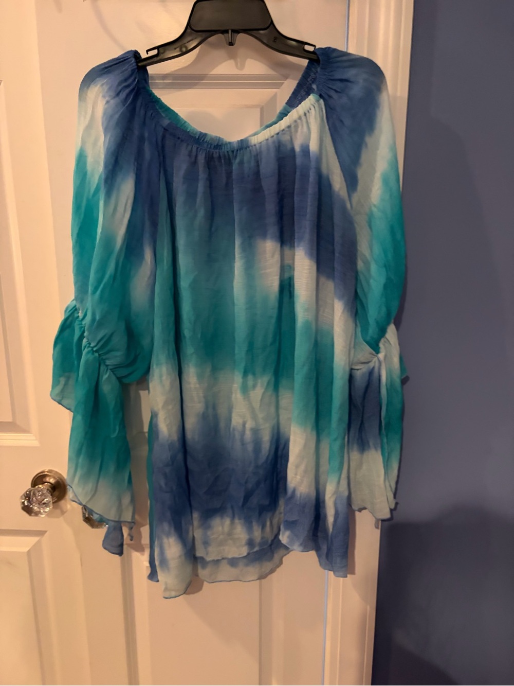 new directions Blue Teal White Tie-Dye Off-Shoulder Tunic